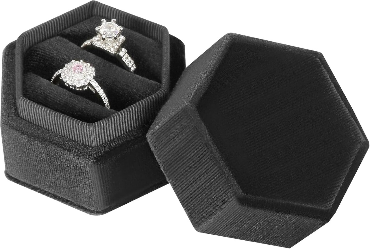 Velvet Wedding Ring Box 1 2 3 Slots, Ring Box Jewelry Storage Case for Wedding Day Engagement Proposal Ceremony (Black, 2 SLOTS)